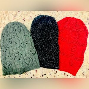 Winter/Fall Fashionable Beanie Bundle 3 Hats Grey, Red & Black silver threading
